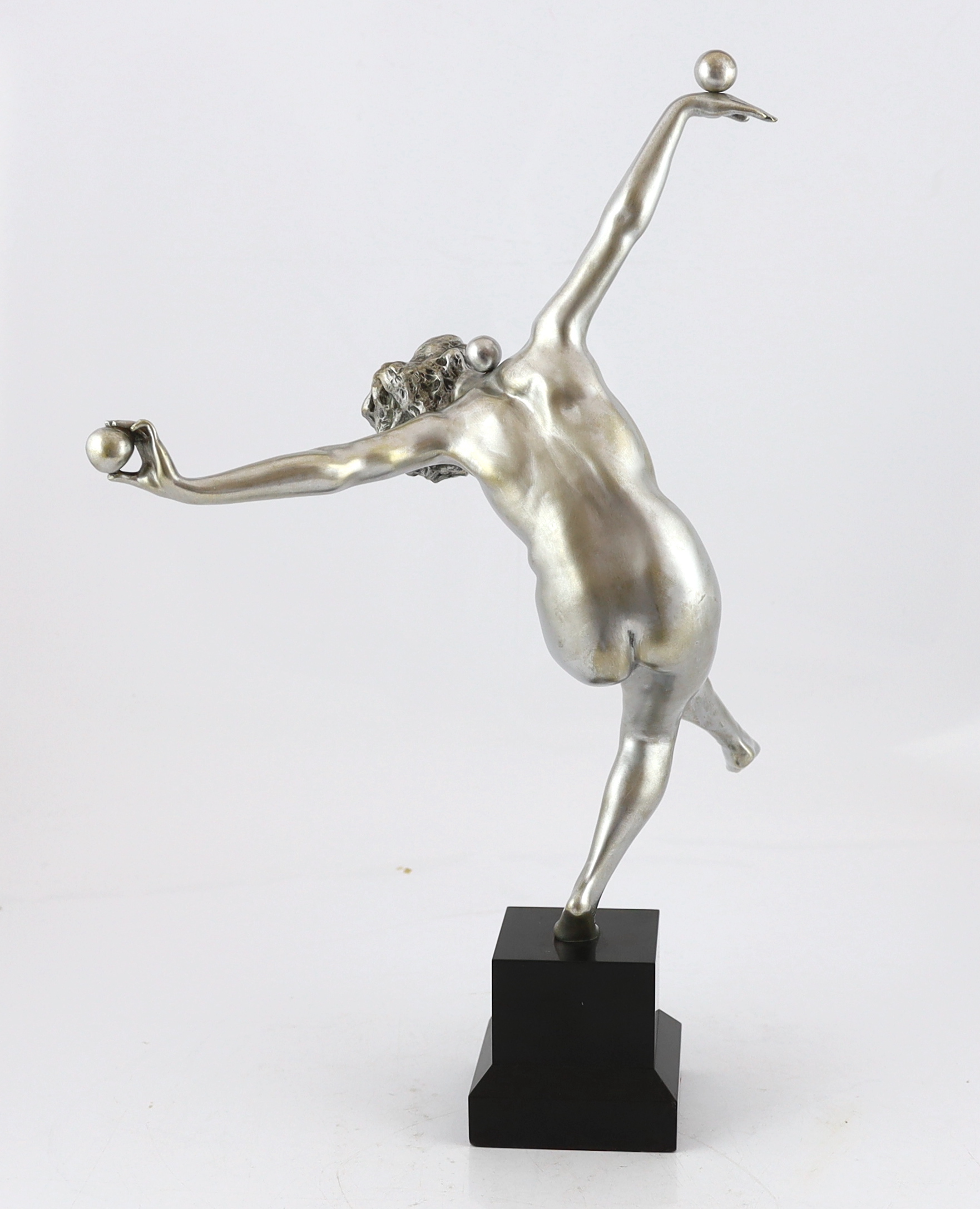 Attributed to Claire Colinet, an Art Deco silvered bronze figure of a nude acrobatic dancer, overall 53cm high